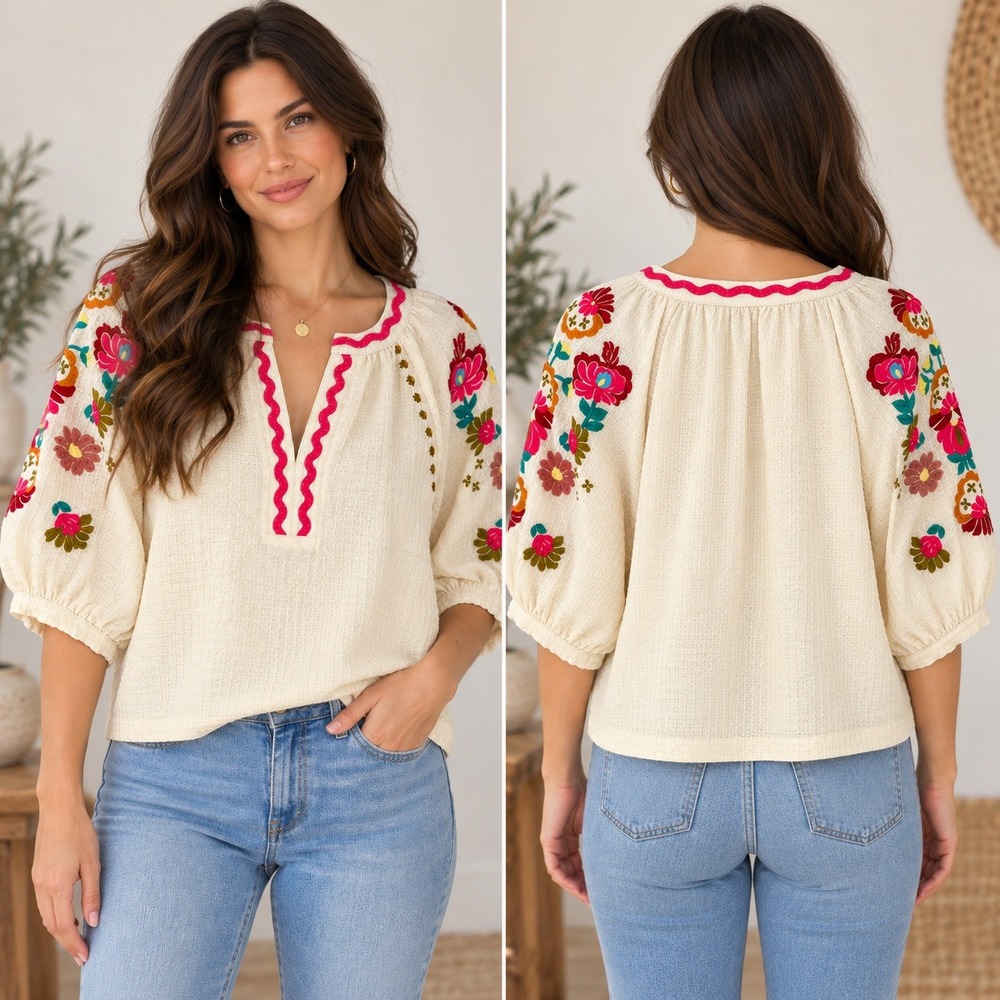 THML Cream Floral Embroidered Boho Peasant Blouse Top Split V-Neck Large